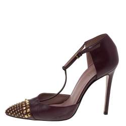 Gucci Burgundy Leather Coline Studded T Strap Pumps Size 38