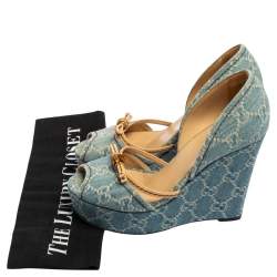 Pre Owned Gucci Blue GG Denim and Leather D'orsay Wedge Sandals Size 36
