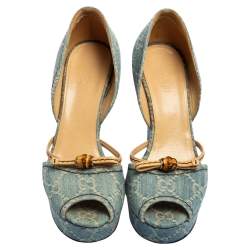 Pre Owned Gucci Blue GG Denim and Leather D'orsay Wedge Sandals Size 36