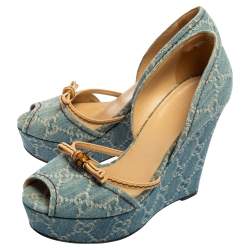 Pre Owned Gucci Blue GG Denim and Leather D'orsay Wedge Sandals Size 36