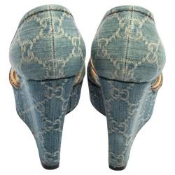 Pre Owned Gucci Blue GG Denim and Leather D'orsay Wedge Sandals Size 36