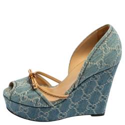 Pre Owned Gucci Blue GG Denim and Leather D'orsay Wedge Sandals Size 36