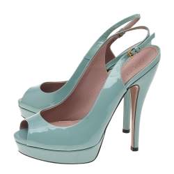 Gucci Green Patent Leather Peep Toe Slingback Sandals Size 37.5