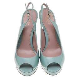 Gucci Green Patent Leather Peep Toe Slingback Sandals Size 37.5