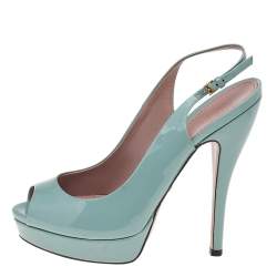 Gucci Green Patent Leather Peep Toe Slingback Sandals Size 37.5