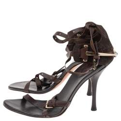 Gucci Brown Guccissima Suede And Leather Ankle Strap Sandals Size 34
