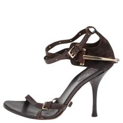 Gucci Brown Guccissima Suede And Leather Ankle Strap Sandals Size 34