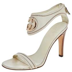 Gucci White Leather Interlocking GG Open Toe Ankle Cuff Sandals Size 38
