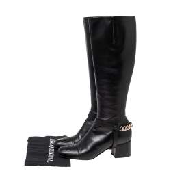 Pre Owned Gucci Black Leather Chain GG Knee Length Boots Size 37