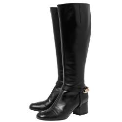 Pre Owned Gucci Black Leather Chain GG Knee Length Boots Size 37