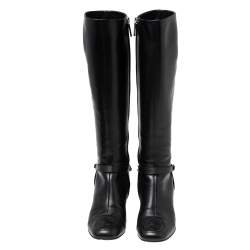 Pre Owned Gucci Black Leather Chain GG Knee Length Boots Size 37