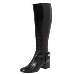 Pre Owned Gucci Black Leather Chain GG Knee Length Boots Size 37
