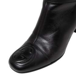 Pre Owned Gucci Black Leather Chain GG Knee Length Boots Size 37