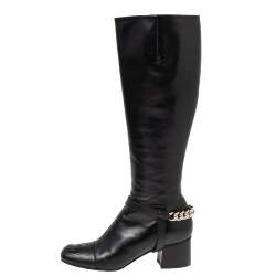 Pre Owned Gucci Black Leather Chain GG Knee Length Boots Size 37