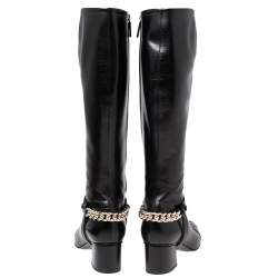 Pre Owned Gucci Black Leather Chain GG Knee Length Boots Size 37