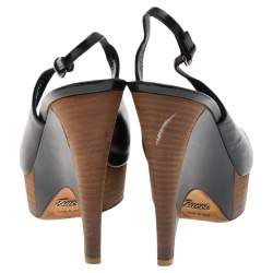 Gucci Black Leather Peep Toe Slingback Wedge Sandals Size 37