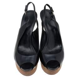 Gucci Black Leather Peep Toe Slingback Wedge Sandals Size 37