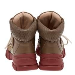 Pre Owned Gucci Khaki/Brick Red Leather and Nylon Flashtrek High-Top Sneakers Size 38.5