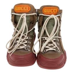 Pre Owned Gucci Khaki/Brick Red Leather and Nylon Flashtrek High-Top Sneakers Size 38.5