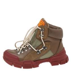 Pre Owned Gucci Khaki/Brick Red Leather and Nylon Flashtrek High-Top Sneakers Size 38.5