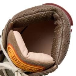 Pre Owned Gucci Khaki/Brick Red Leather and Nylon Flashtrek High-Top Sneakers Size 38.5