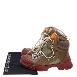 Pre Owned Gucci Khaki/Brick Red Leather and Nylon Flashtrek High-Top Sneakers Size 38.5