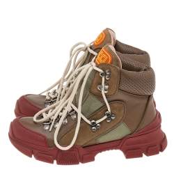 Pre Owned Gucci Khaki/Brick Red Leather and Nylon Flashtrek High-Top Sneakers Size 38.5