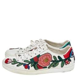 مملوكة مسبقًا Gucci White Leather Floral Embroidered Ace Low Top Sneakers Size 38