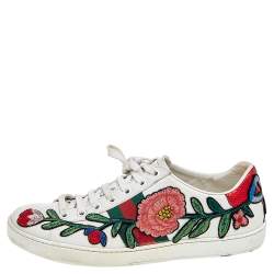 مملوكة مسبقًا Gucci White Leather Floral Embroidered Ace Low Top Sneakers Size 38