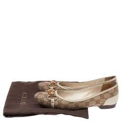 Pre Owned Gucci Beige/White GG Canvas Bamboo Horsebit Ballet Flats Size 39.5
