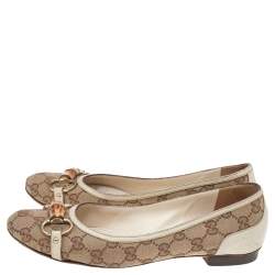 Pre Owned Gucci Beige/White GG Canvas Bamboo Horsebit Ballet Flats Size 39.5