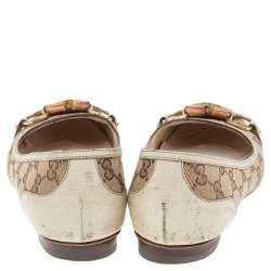 Pre Owned Gucci Beige/White GG Canvas Bamboo Horsebit Ballet Flats Size 39.5