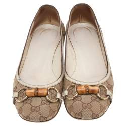 Pre Owned Gucci Beige/White GG Canvas Bamboo Horsebit Ballet Flats Size 39.5