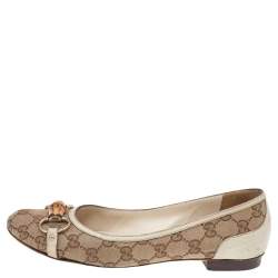 Pre Owned Gucci Beige/White GG Canvas Bamboo Horsebit Ballet Flats Size 39.5