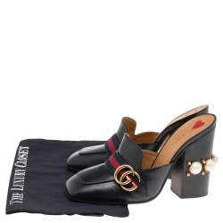 Pre Owned Gucci Black Leather Peyton GG Web Detail Square Toe Pearl Studded Mule Sandals Size 38.5