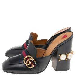 Pre Owned Gucci Black Leather Peyton GG Web Detail Square Toe Pearl Studded Mule Sandals Size 38.5
