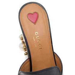 Pre Owned Gucci Black Leather Peyton GG Web Detail Square Toe Pearl Studded Mule Sandals Size 38.5