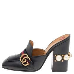 Pre Owned Gucci Black Leather Peyton GG Web Detail Square Toe Pearl Studded Mule Sandals Size 38.5