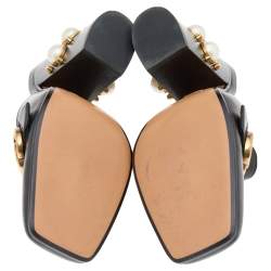 Pre Owned Gucci Black Leather Peyton GG Web Detail Square Toe Pearl Studded Mule Sandals Size 38.5
