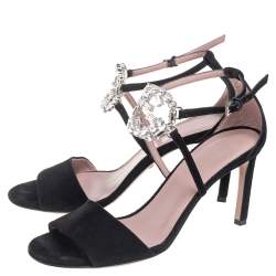 Pre Owned Gucci Black Suede Interlocking G Crystal Embellished Sandals Size 35.5