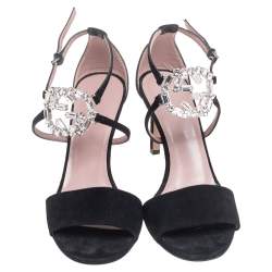 Pre Owned Gucci Black Suede Interlocking G Crystal Embellished Sandals Size 35.5