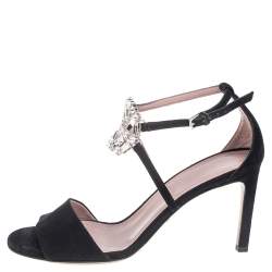 Pre Owned Gucci Black Suede Interlocking G Crystal Embellished Sandals Size 35.5