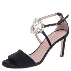 Pre Owned Gucci Black Suede Interlocking G Crystal Embellished Sandals Size 35.5