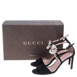 Pre Owned Gucci Black Suede Interlocking G Crystal Embellished Sandals Size 35.5