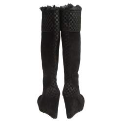 Gucci Black Suede Wedge Knee Length Boots Size 37