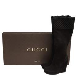 Gucci Black Suede Wedge Knee Length Boots Size 37