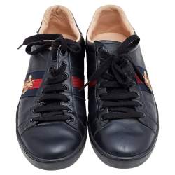 Gucci Black Leather Ace Bee Embroidered Web Low Top Sneakers Size 37.5