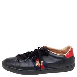 Gucci Black Leather Ace Bee Embroidered Web Low Top Sneakers Size 37.5