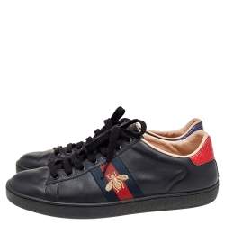 Gucci Black Leather Ace Bee Embroidered Web Low Top Sneakers Size 37.5