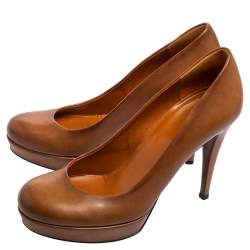 Gucci Brown Leather Round Toe Platform Pumps Size 36.5